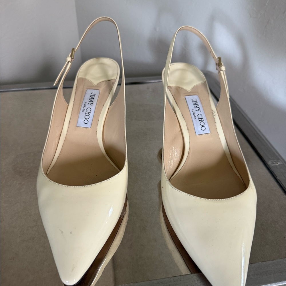 Jimmy Choo Cream Patent Leather Pointed-Toe Slingback Heels